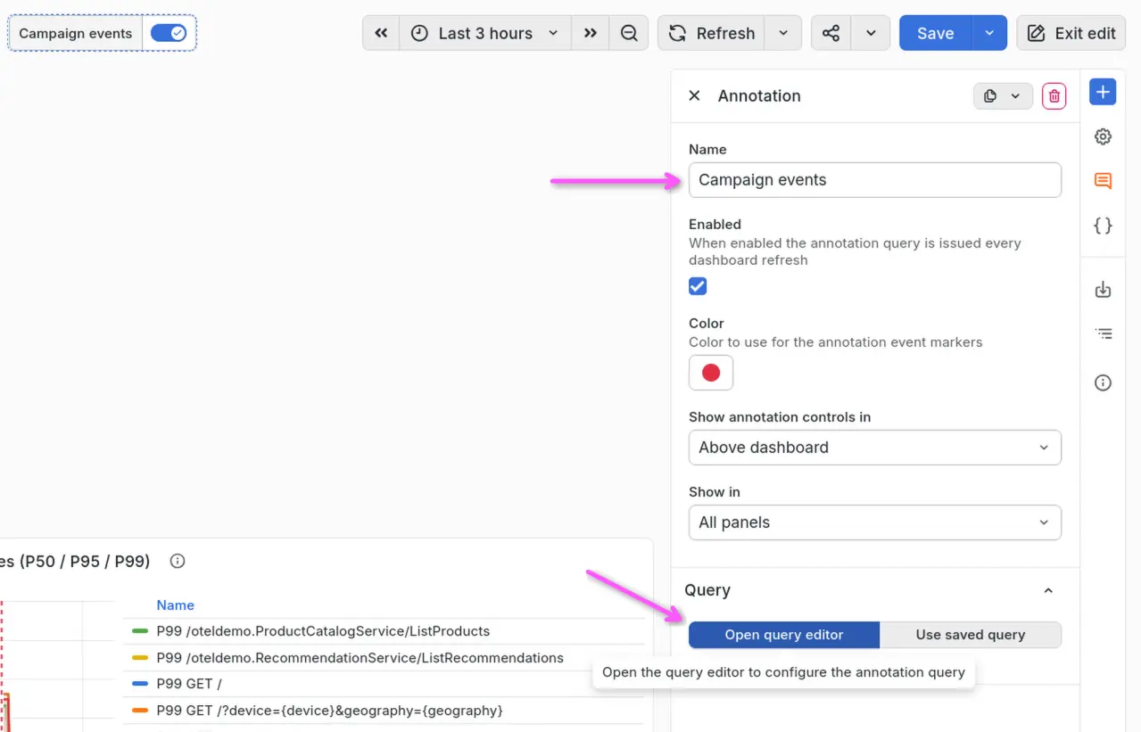 Dashboard settings annotations