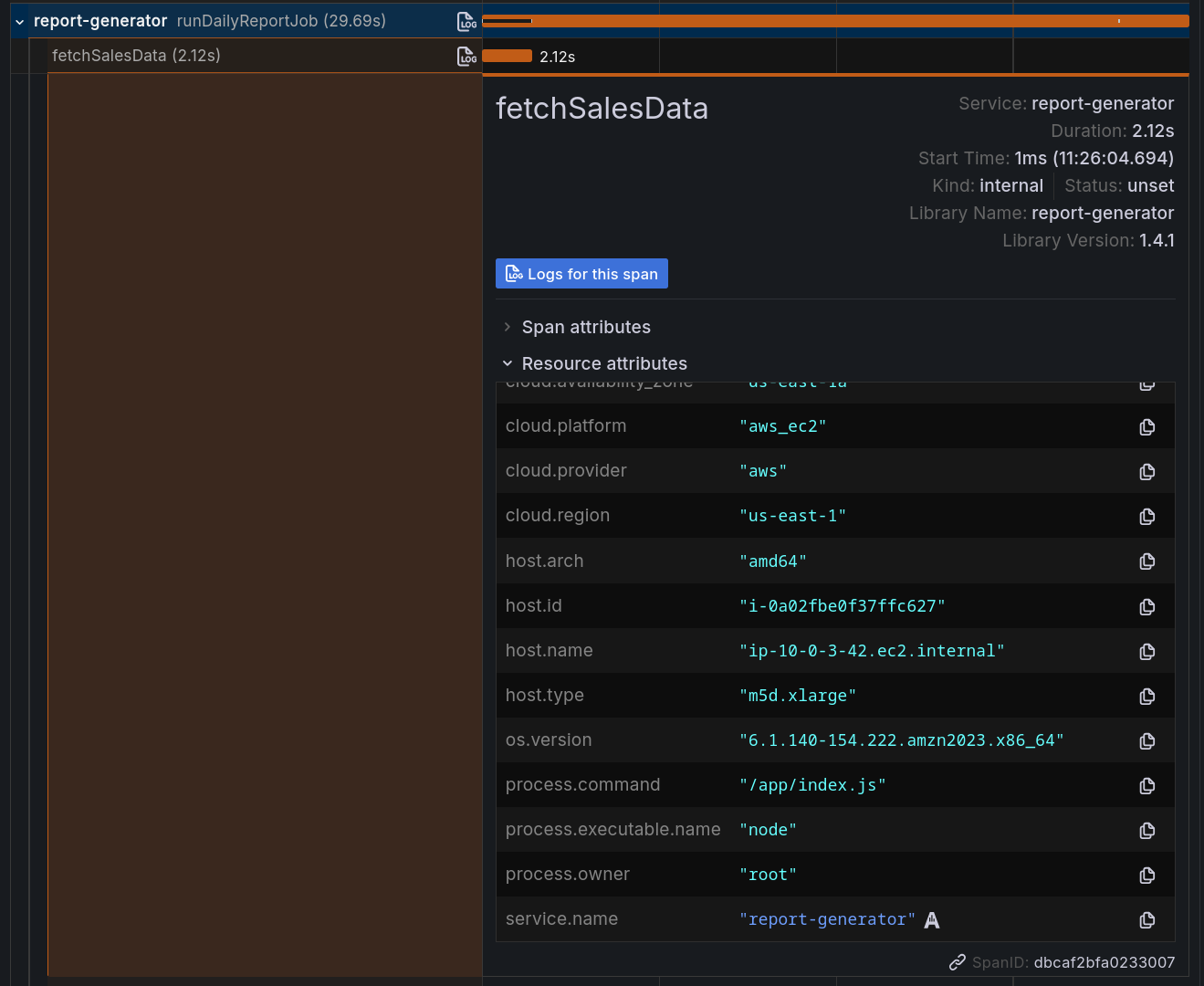 Resource attributes in a trace