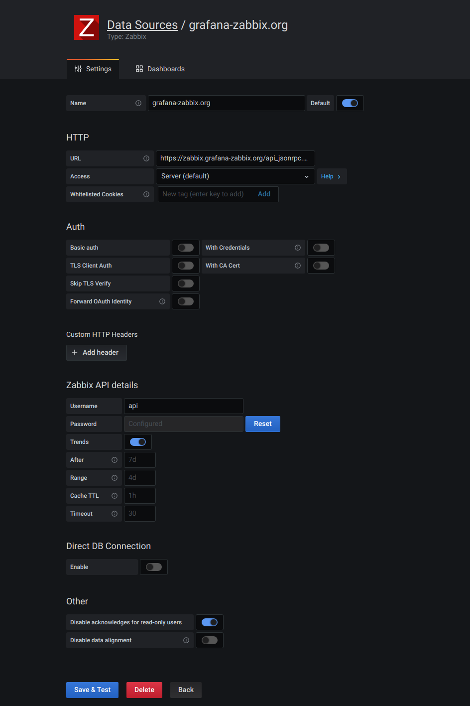 Configure Zabbix data source