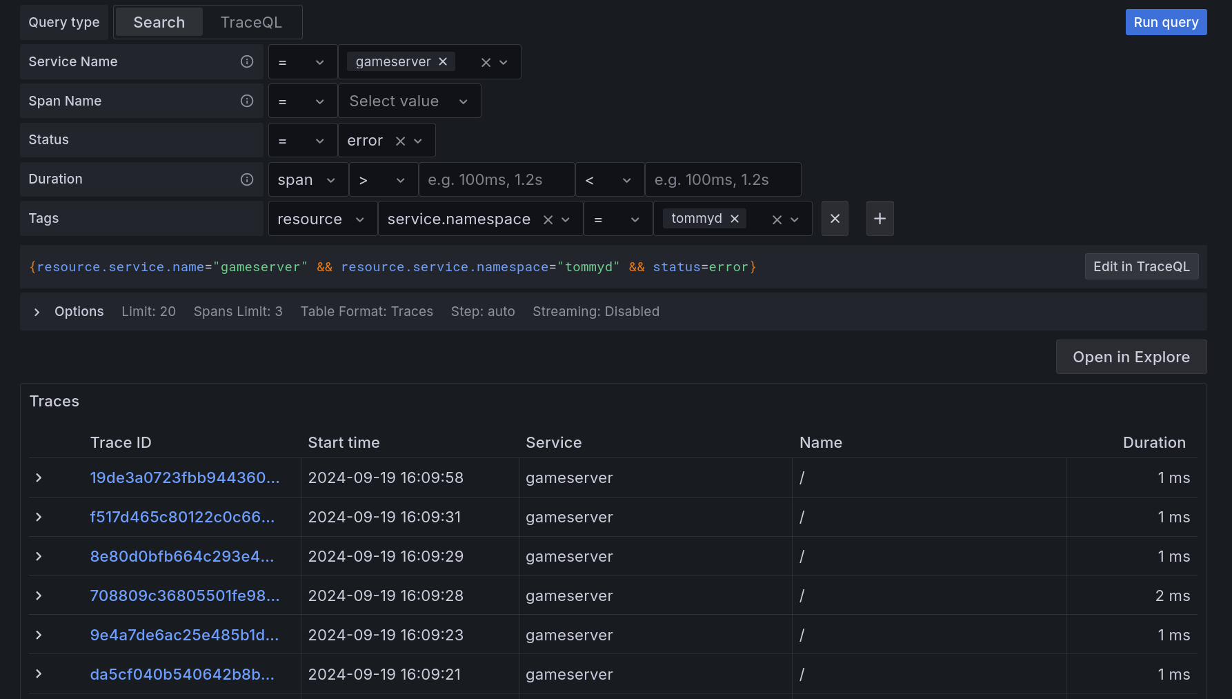 Error traces in Application Observability