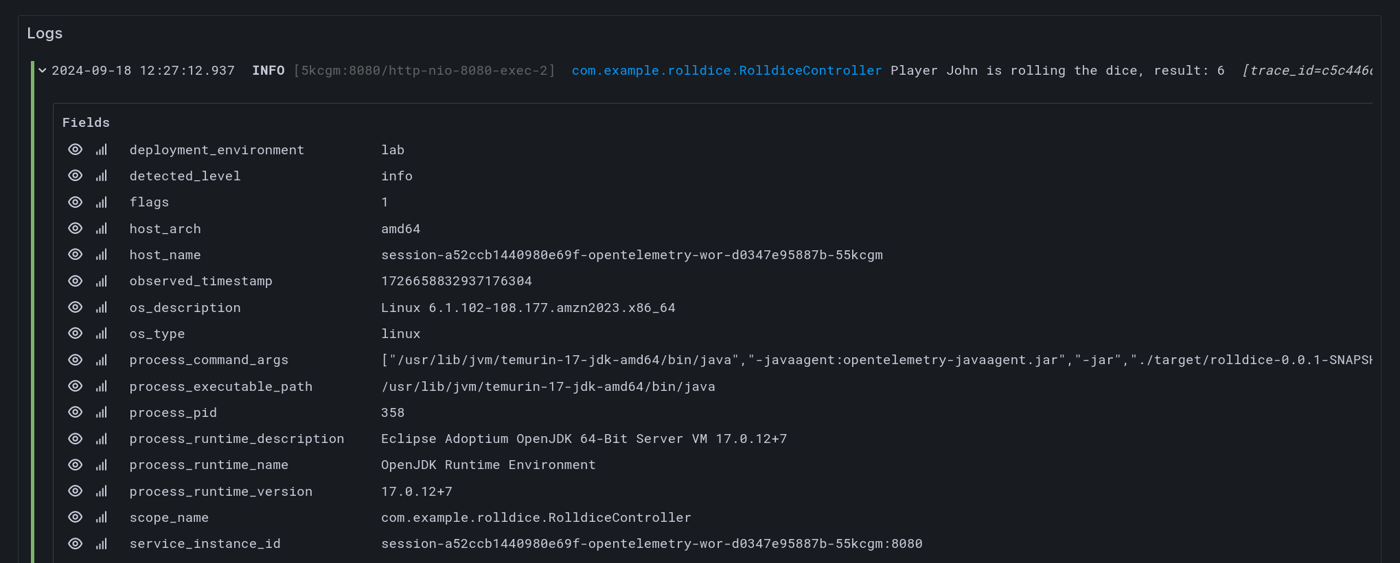 OpenTelemetry attributes in logs in Application Observability