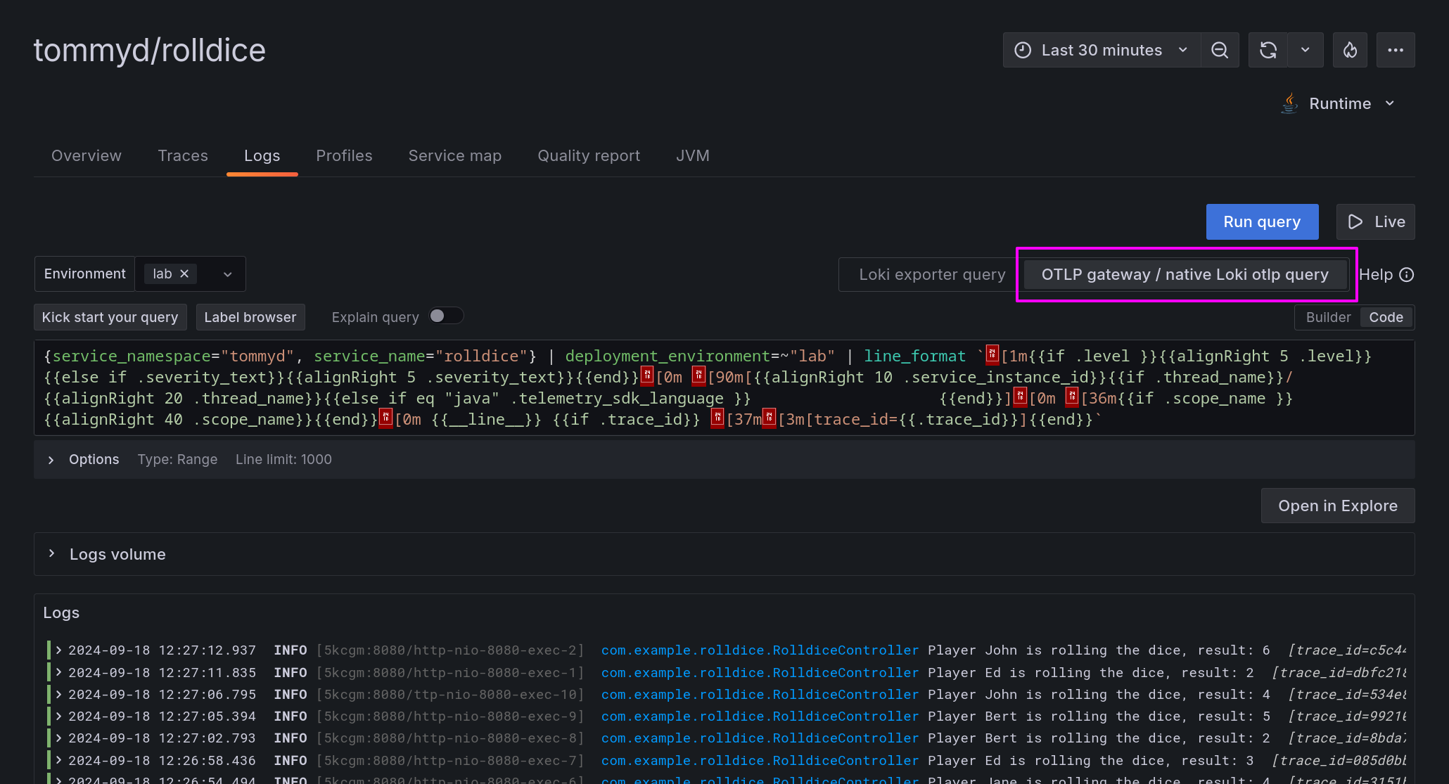 Viewing OpenTelemetry logs in Application Observability