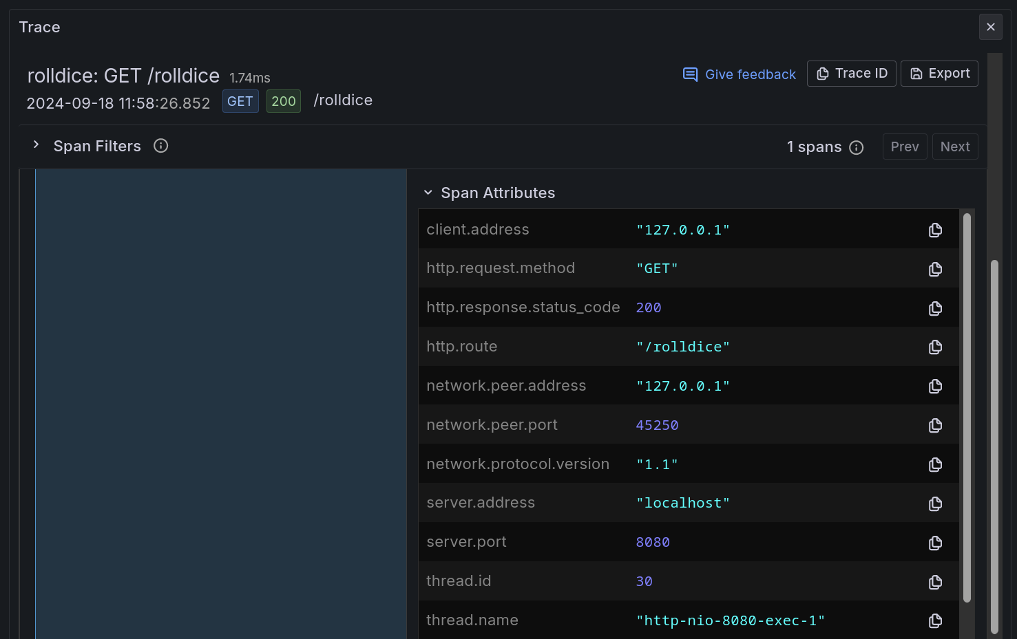 Viewing OpenTelemetry trace span attributes in Application Observability