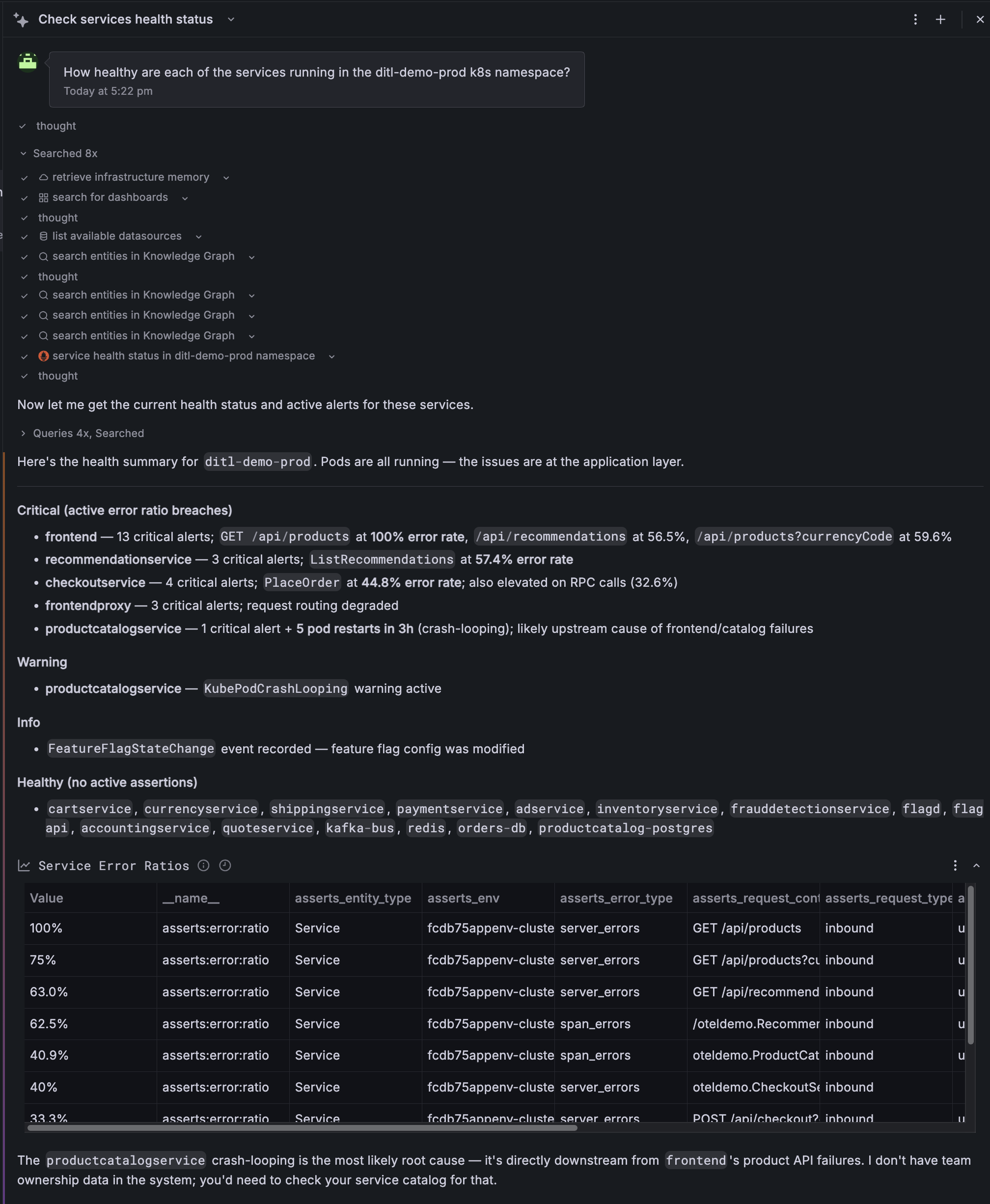 Assistant showing service health